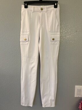 HALARA White Skinny Cargo Pants with Brass Buttons